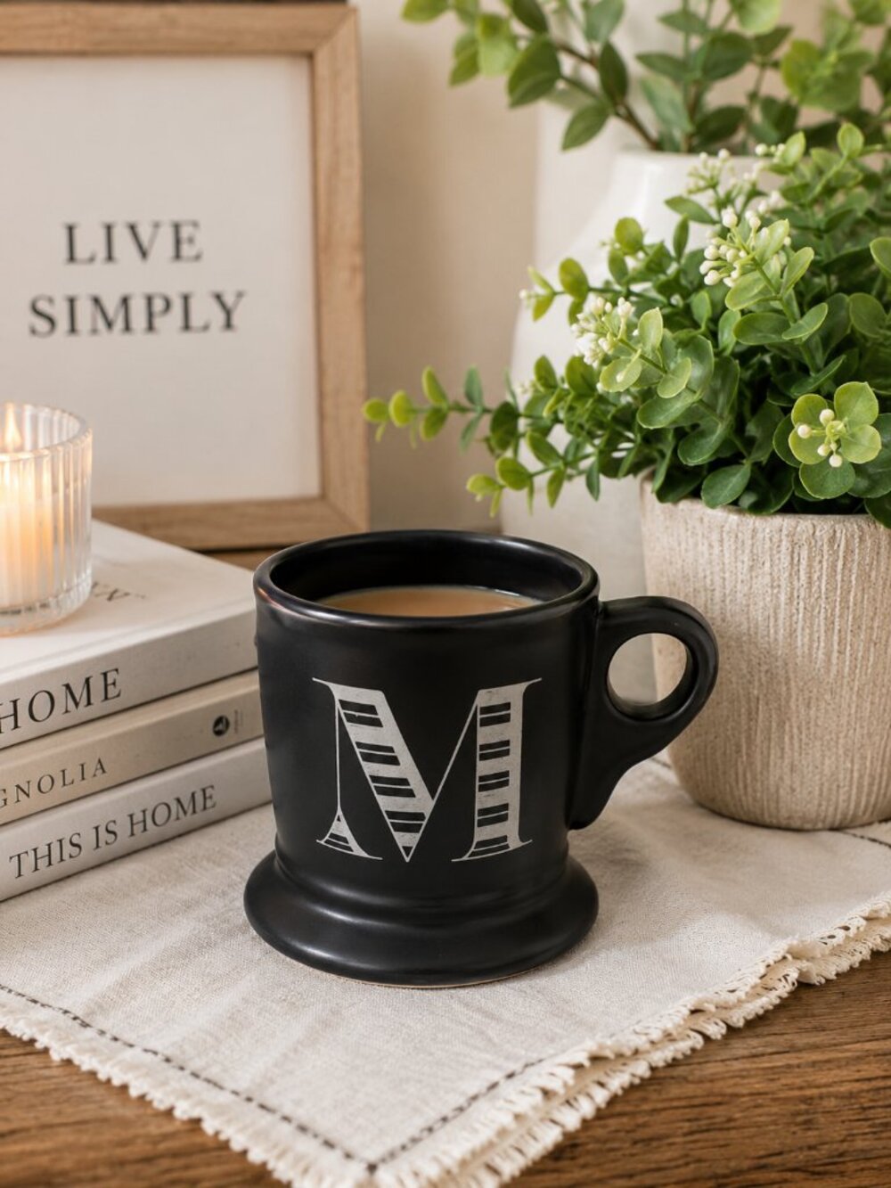 Anthropologie Black Matte Monogram Mug M Stoneware Coffee Cup 14 oz
